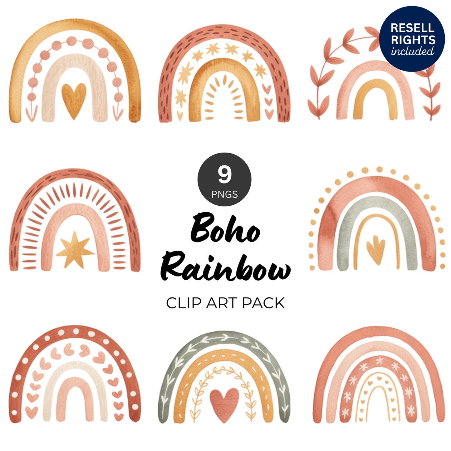 Boho Rainbow Clipart Pack | Resell Rights Included