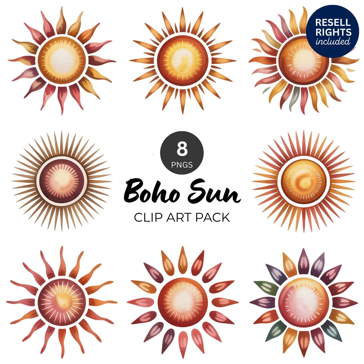 Boho Sun Clipart Pack | Resell Rights Included