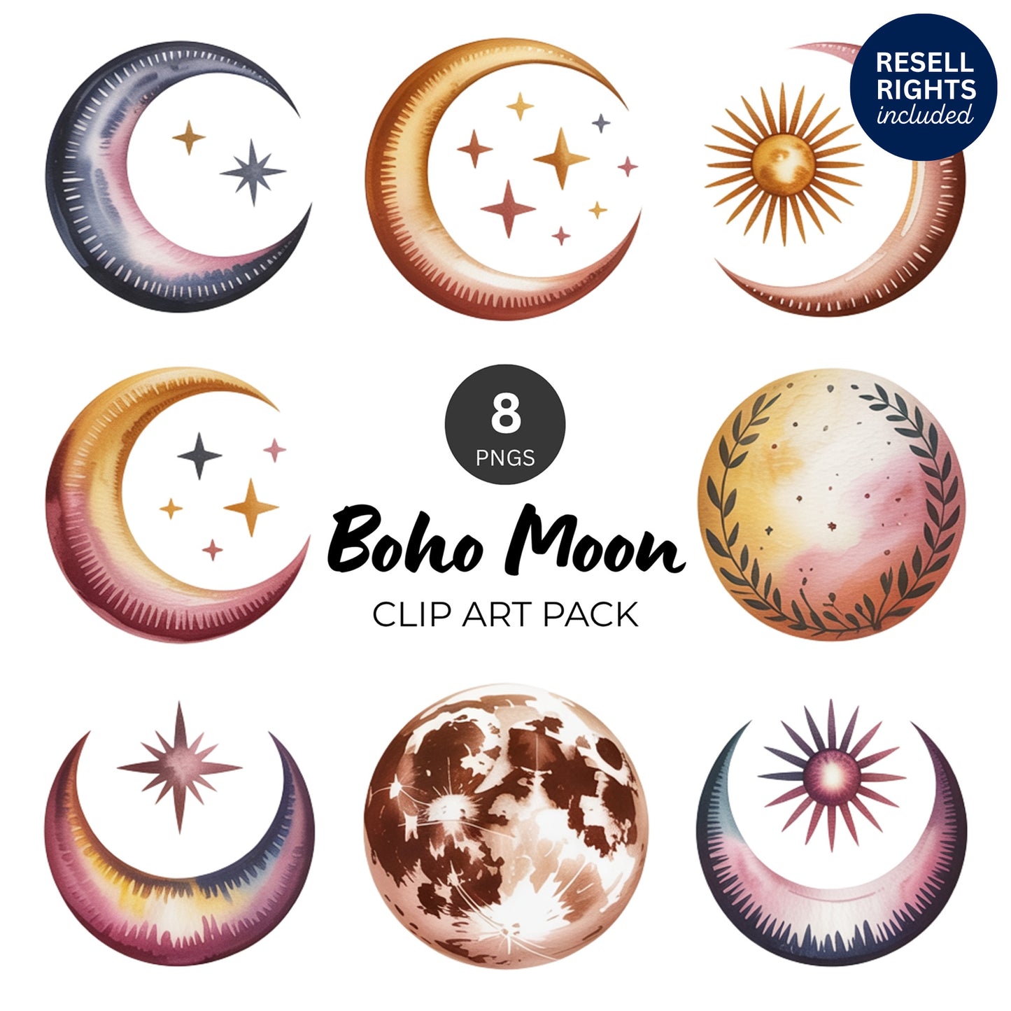 Boho Moon Clipart Pack | Resell Rights Included