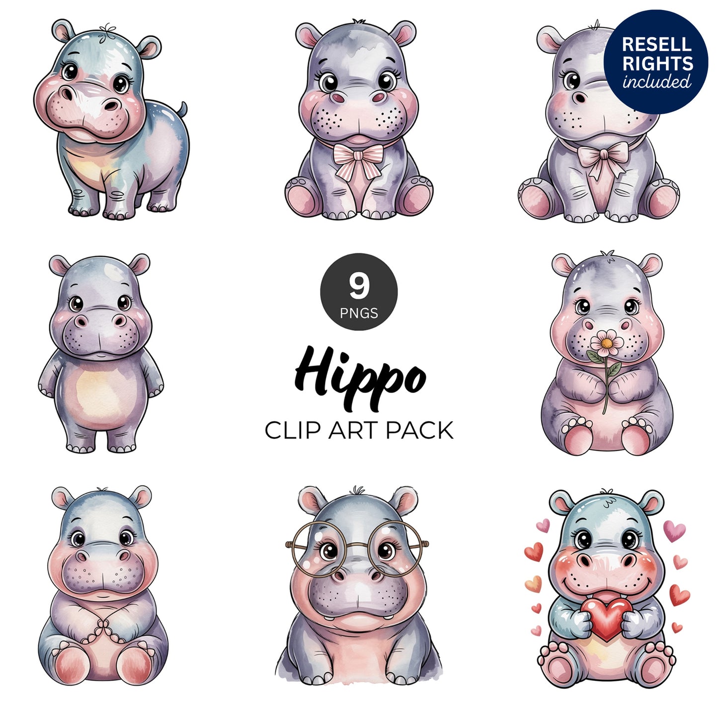 Hippo Clipart Pack | Resell Rights Included