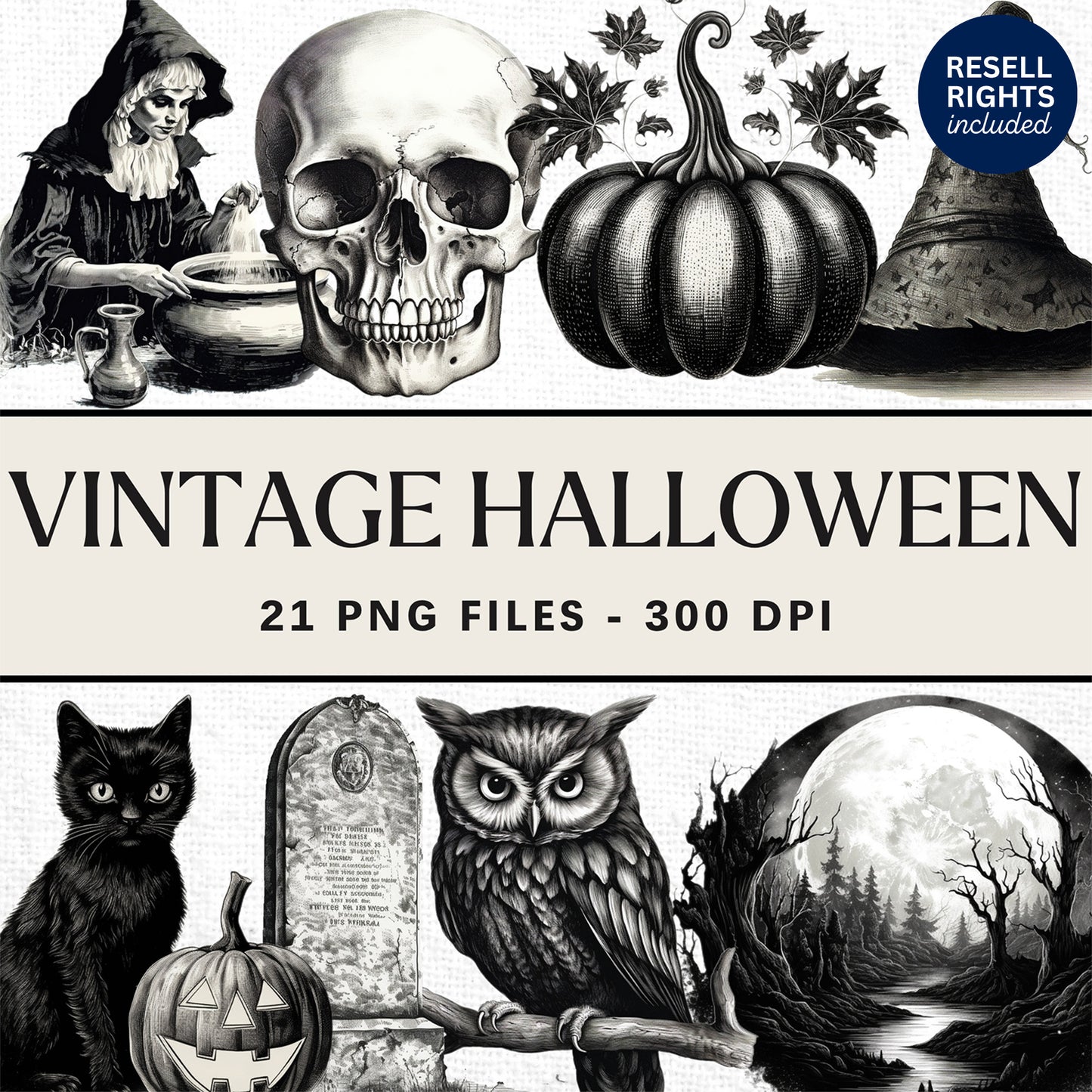 Vintage Halloween Clipart Pack | Resell Rights Included