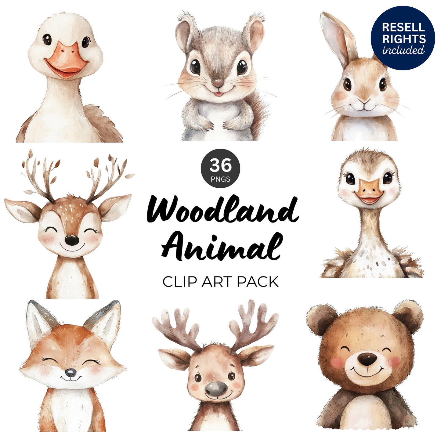 Woodland Animal Portrait Clipart Pack | Resell Rights Included