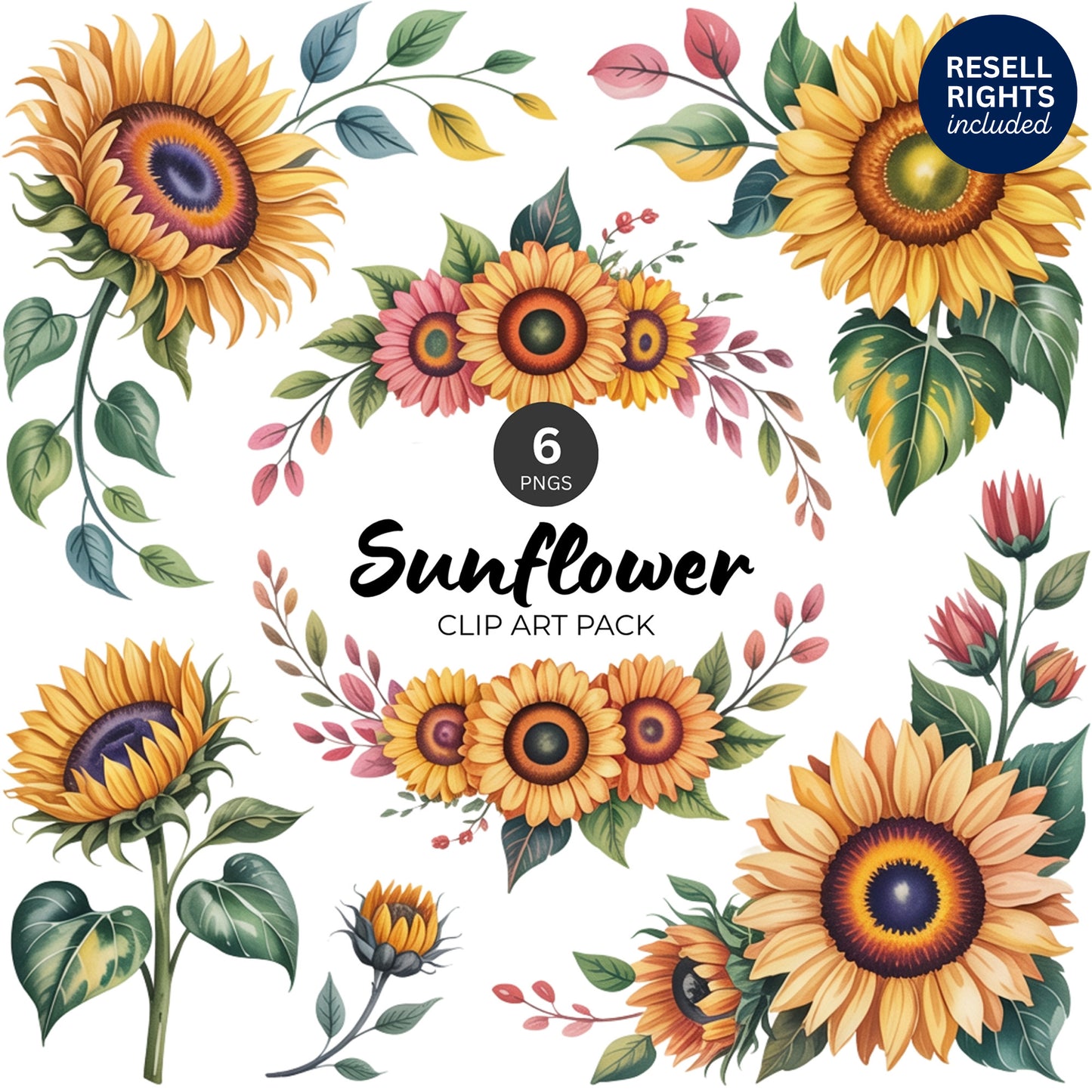 Sunflower Clipart Pack | Resell Rights Included