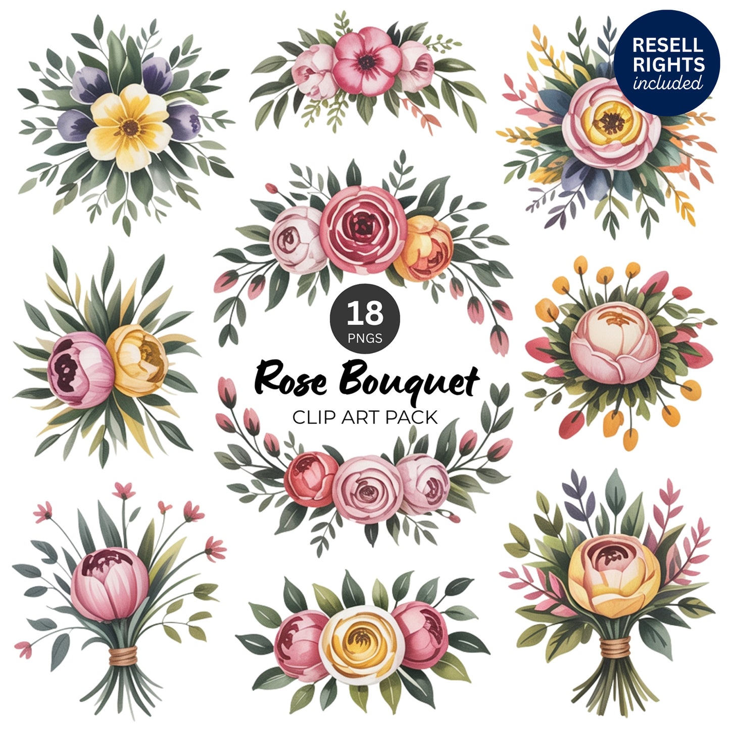 Rose Bouquet Clipart Pack | Resell Rights Included