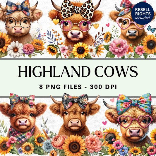 Floral Highland Cow Clipart Pack | Resell Rights Included