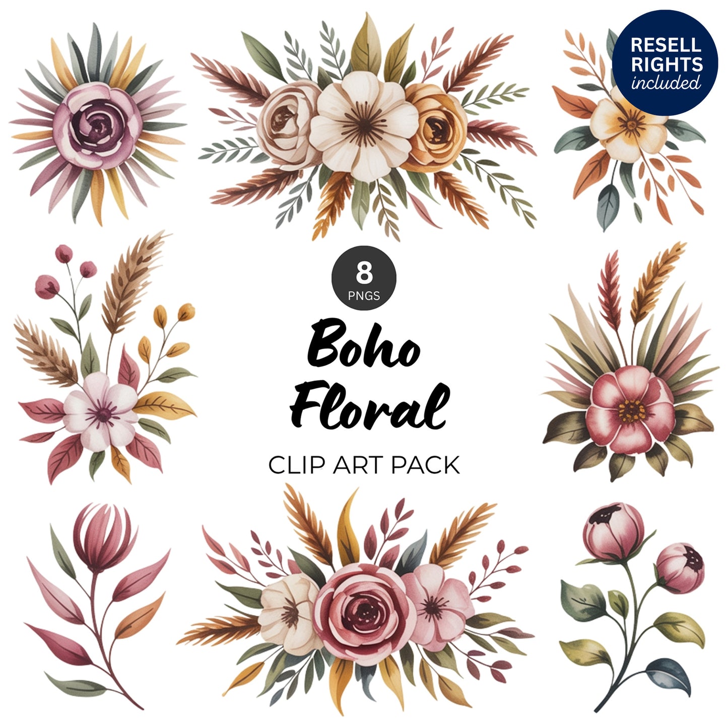 Boho Floral Clipart Pack | Resell Rights Included