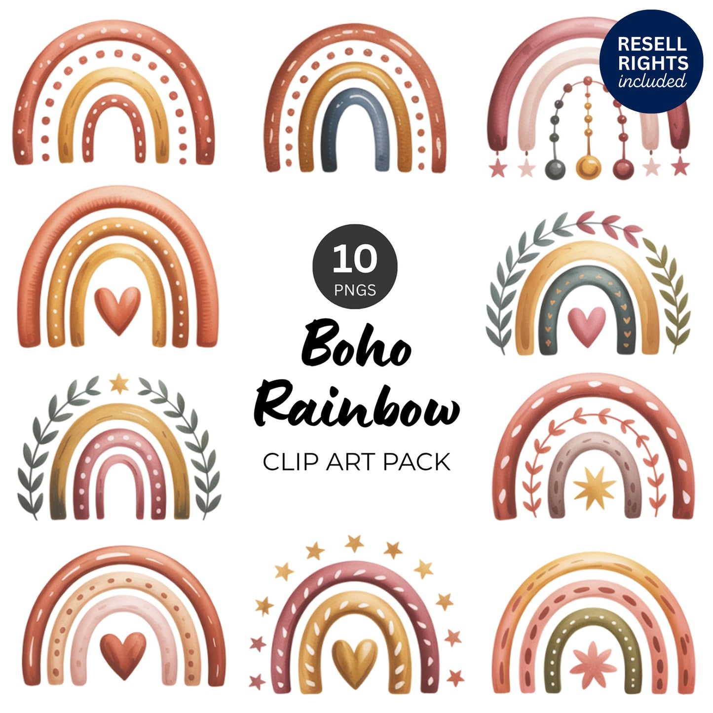 Boho Rainbow Clipart Pack | Resell Rights Included