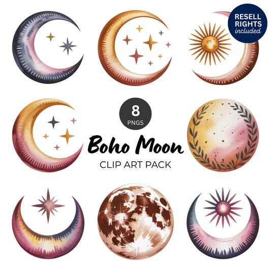 Boho Moon Clipart Pack | Resell Rights Included