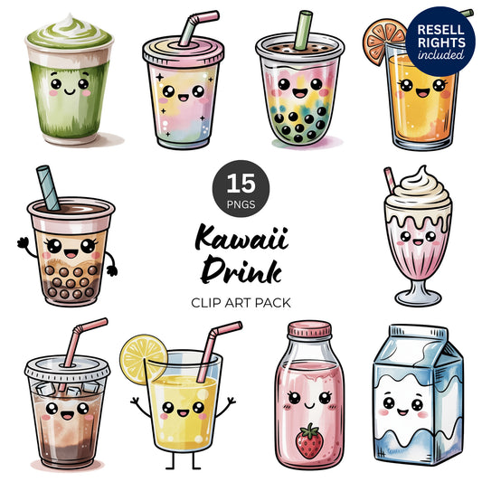 Kawaii Drink Clipart Pack | Resell Rights Included