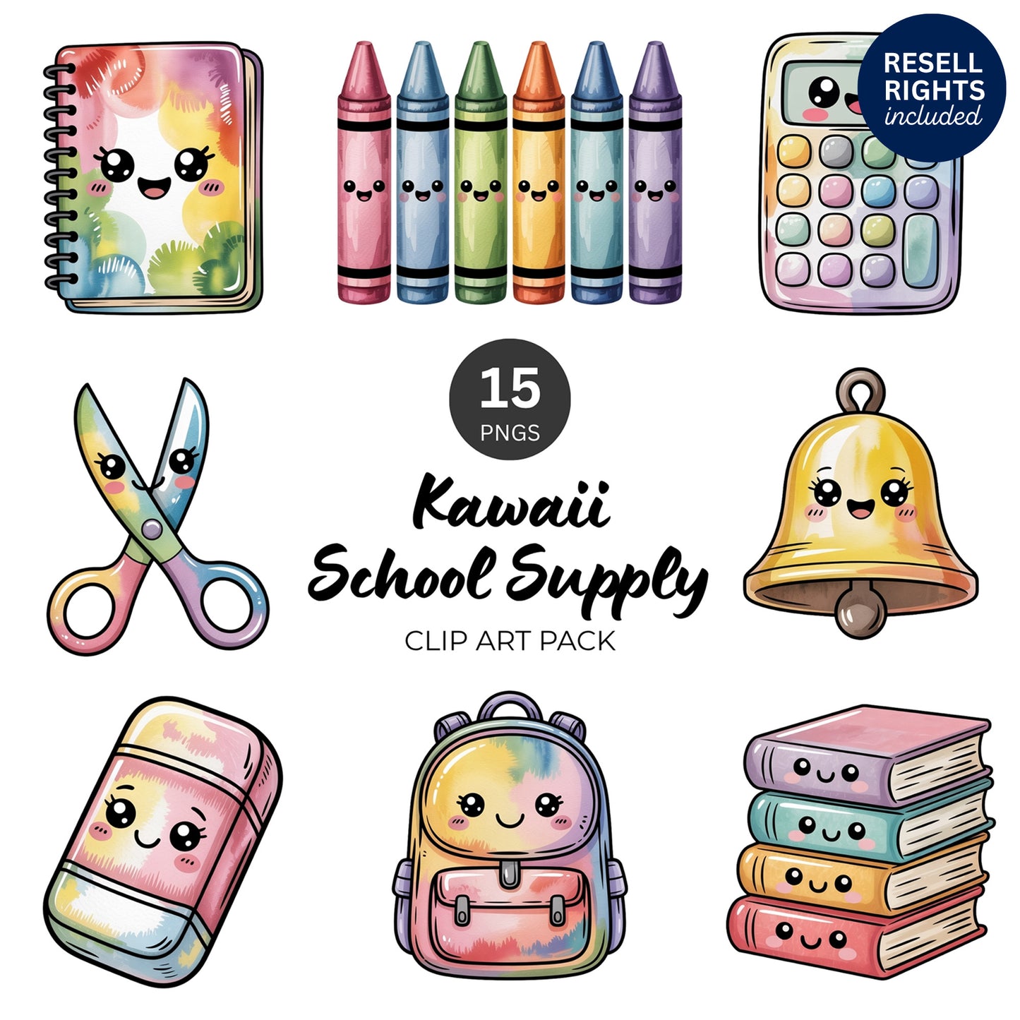 Kawaii School Supply Clipart Pack | Resell Rights Included