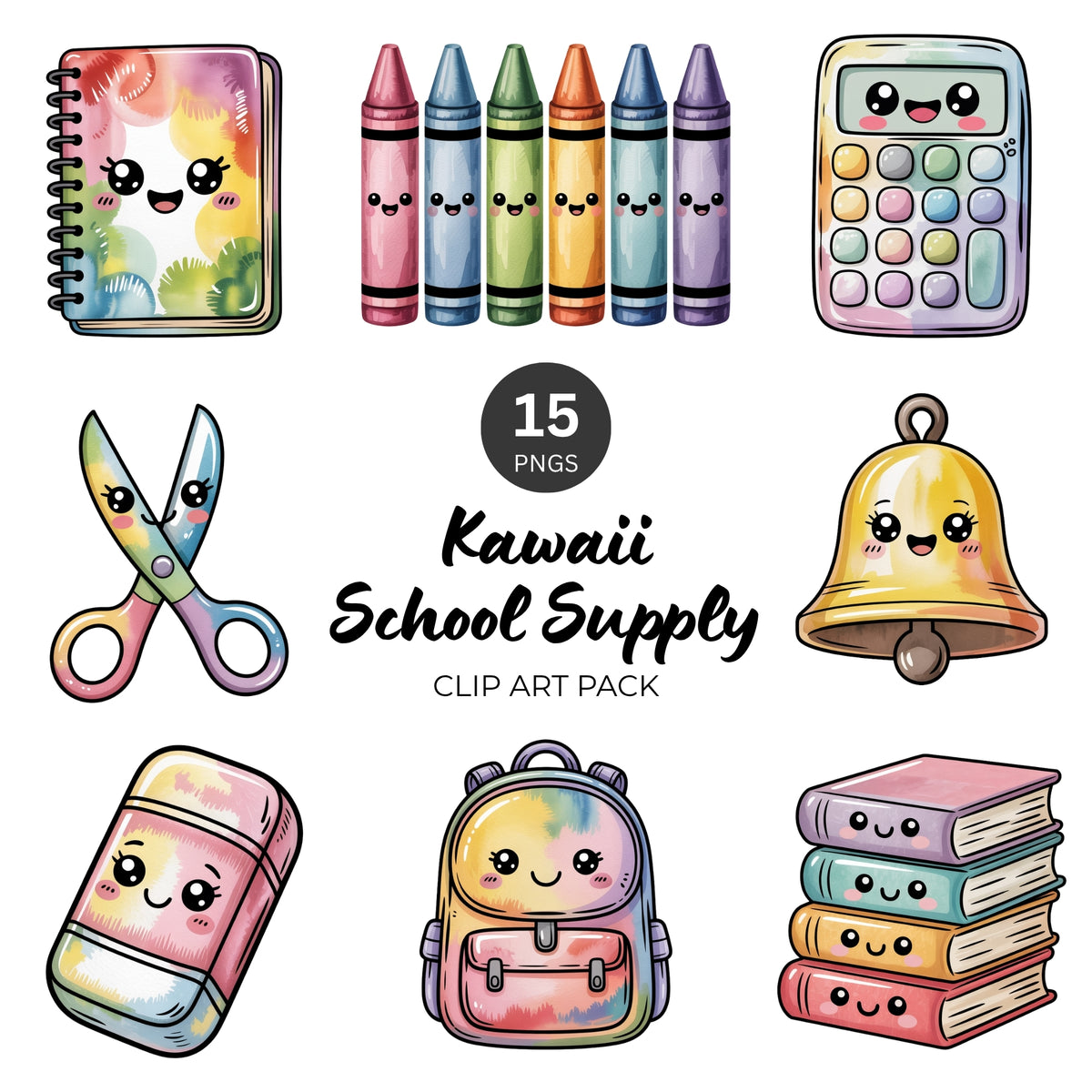 Kawaii School Supply Clipart Pack