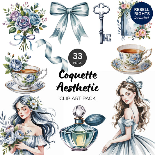 Blue Coquette Aesthetic Clipart Pack | Resell Rights Included