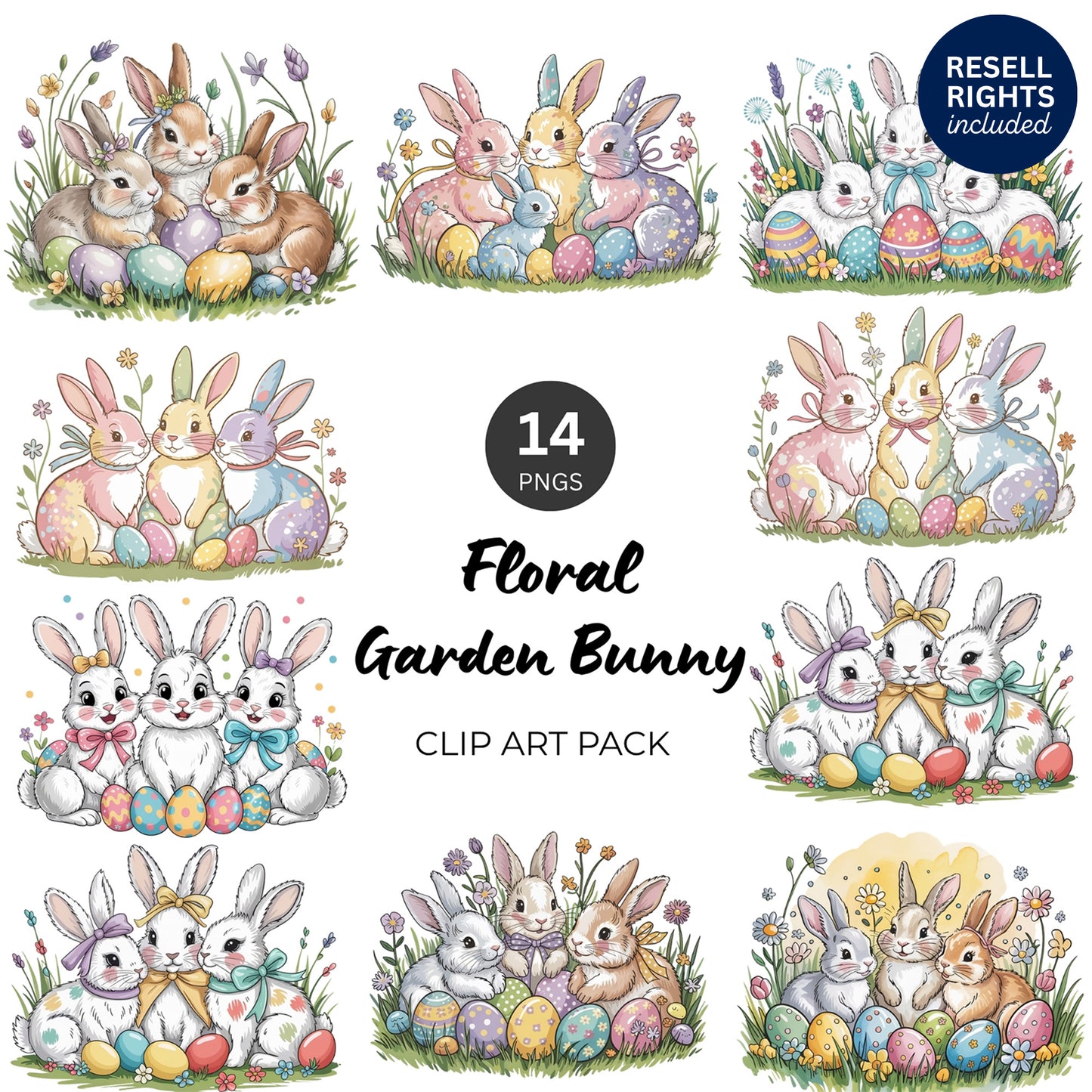 Floral Garden Bunny Clipart Pack | Resell Rights Included
