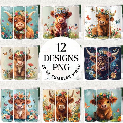 Floral Highland Cow 20 oz Tumbler Bundle