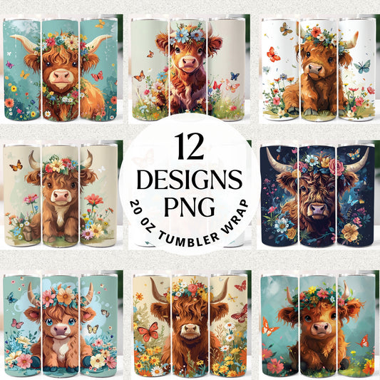 Floral Highland Cow 20 oz Tumbler Bundle