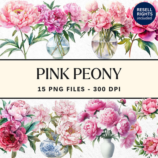 Pink Peony Clipart Pack | Resell Rights Included