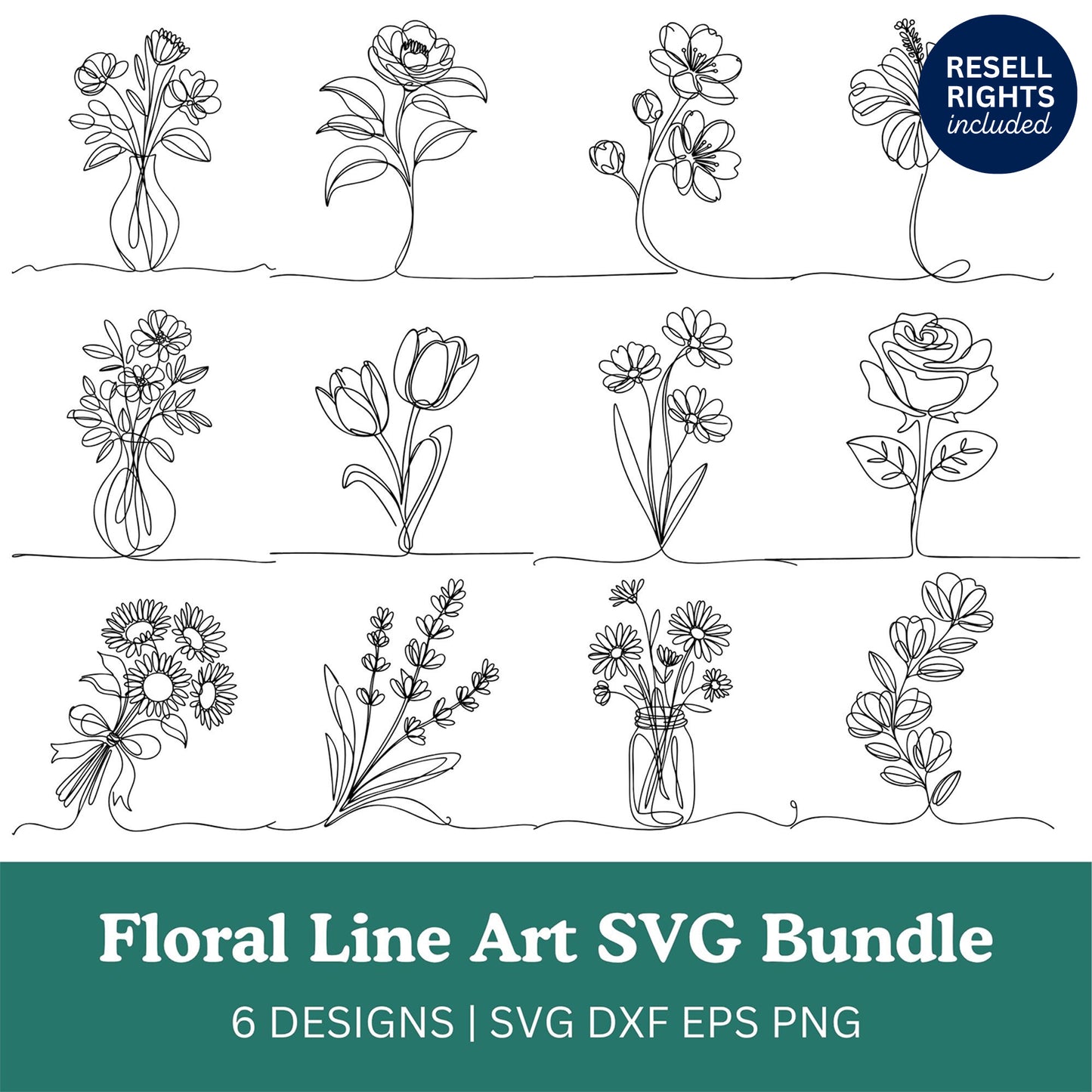 Floral Line Art SVG Bundle | Resell Rights Included