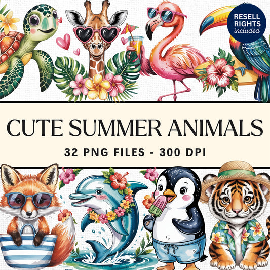 Cute Summer Animals Clipart Pack | Resell Rights Included