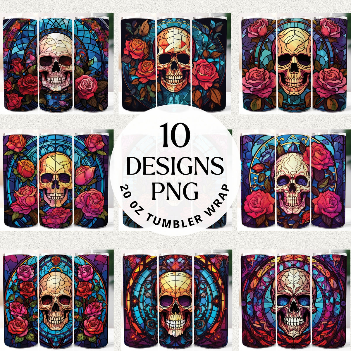 Stained Glass Skull Roses 20 oz Tumbler Bundle