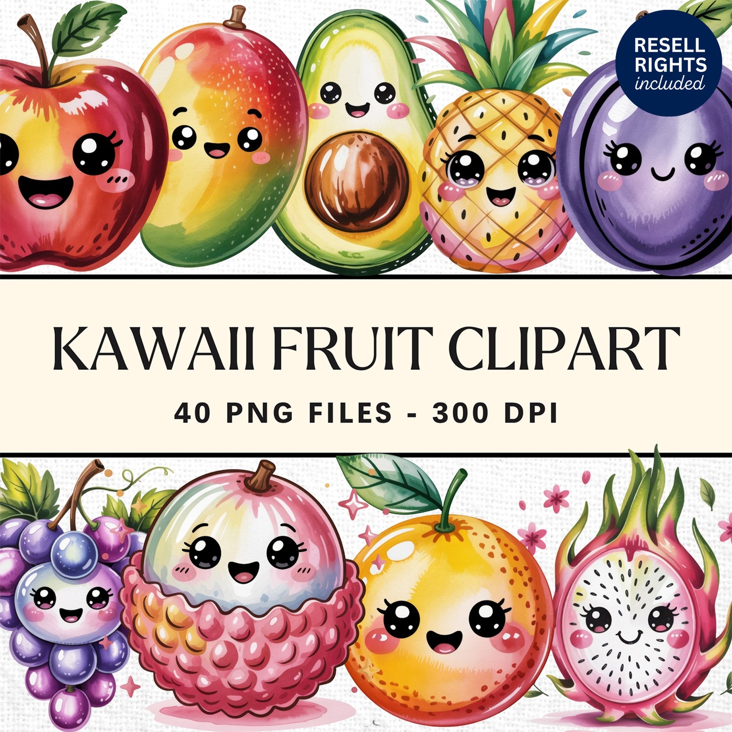 Kawaii Fruit Clipart Pack | Resell Rights Included