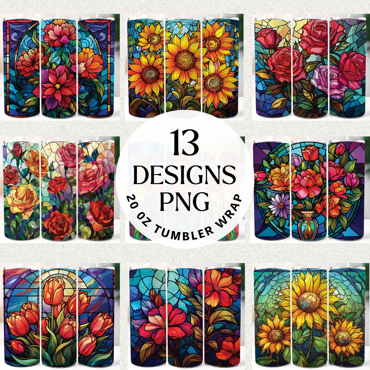 Flowers Stained Glass 20 oz Tumbler Bundle