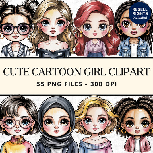 Cute Cartoon Girl Clipart Pack | Resell Rights Included