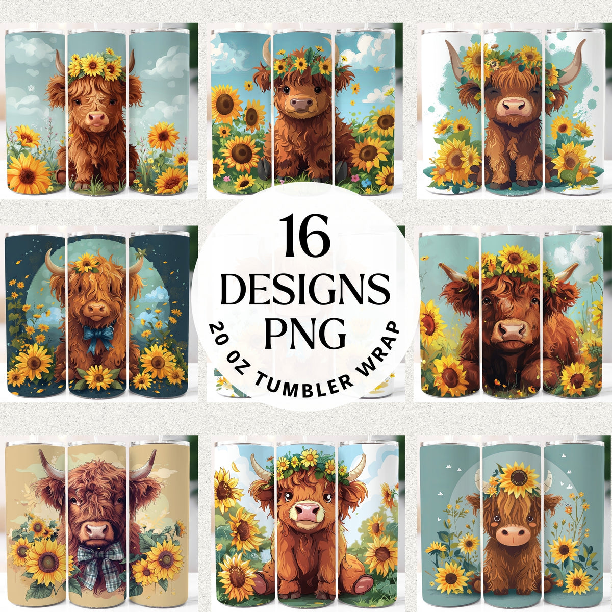 Sunflower Highland Cow 20 oz Tumbler Bundle