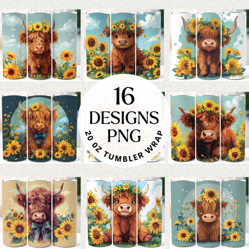 Sunflower Highland Cow 20 oz Tumbler Bundle