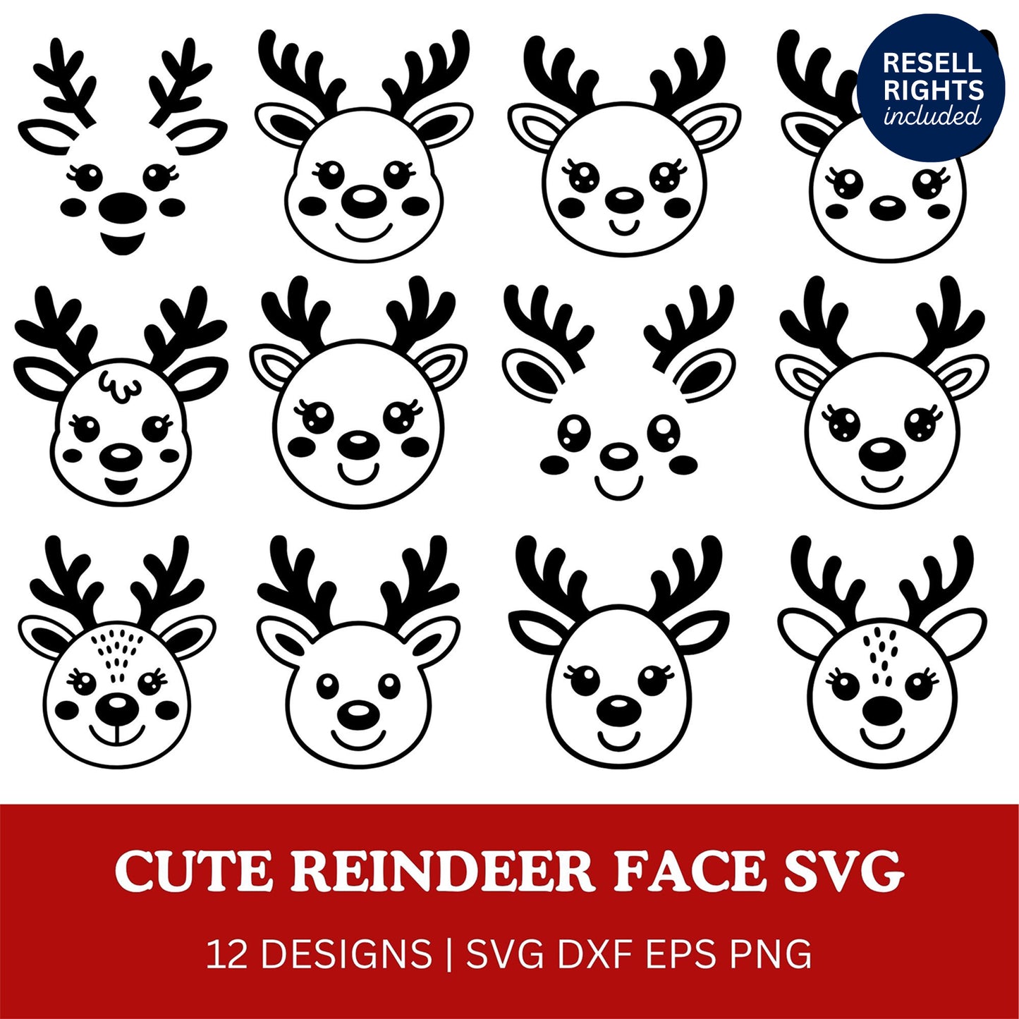 Cute Reindeer Face SVG Bundle | Resell Rights Included