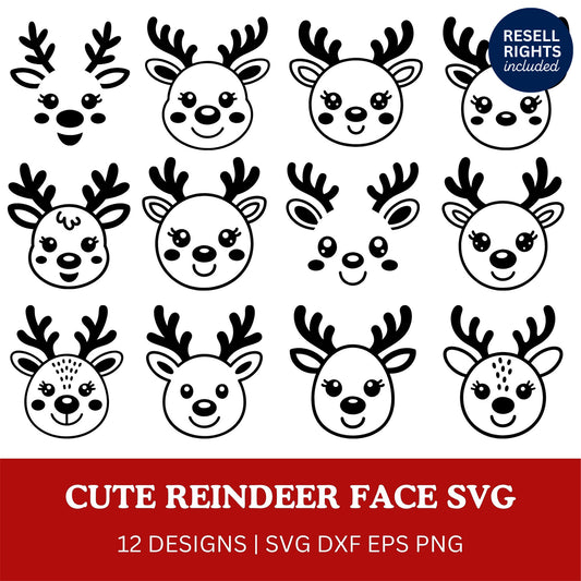 Cute Reindeer Face SVG Bundle | Resell Rights Included