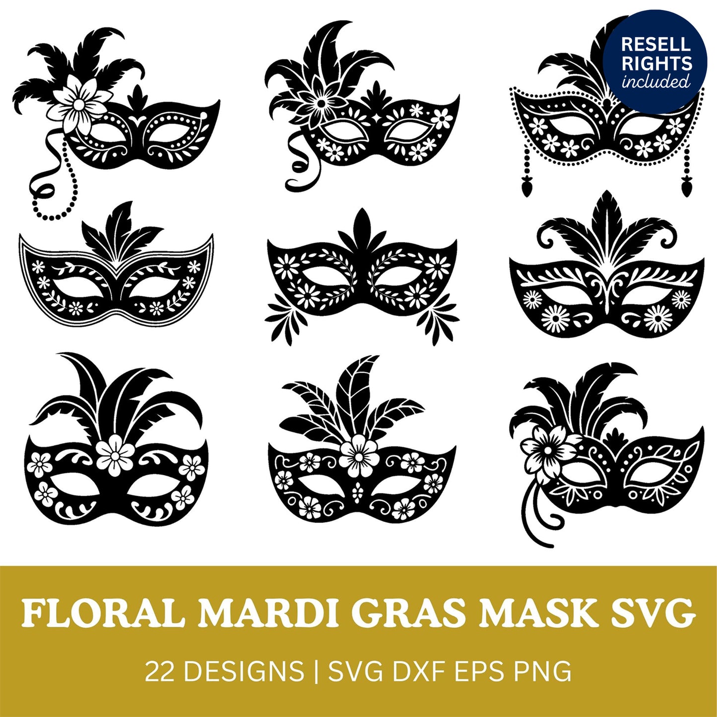 Floral Mardi Gras Mask SVG Bundle | Resell Rights Included