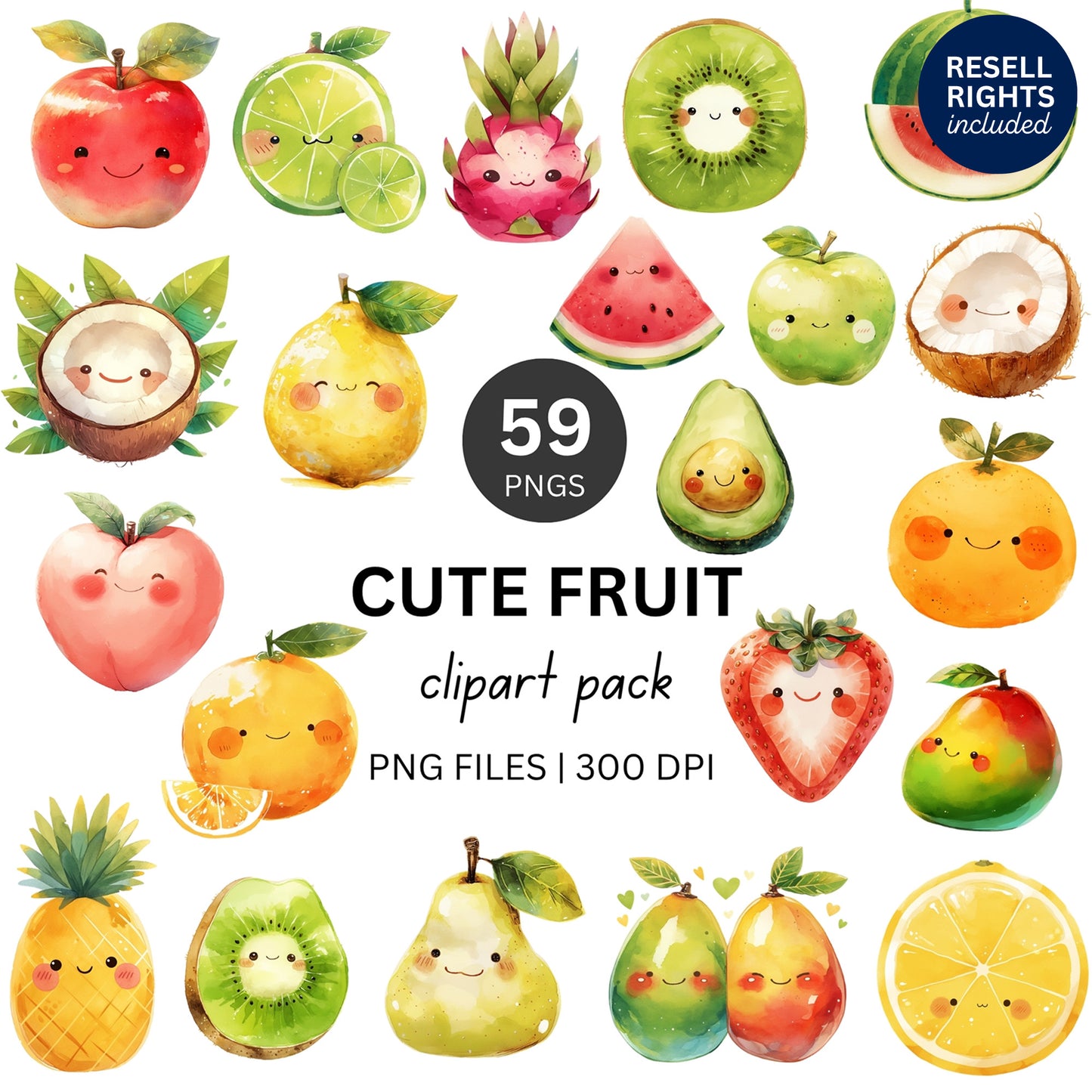 Cute Fruits Clipart Pack | Resell Rights Included