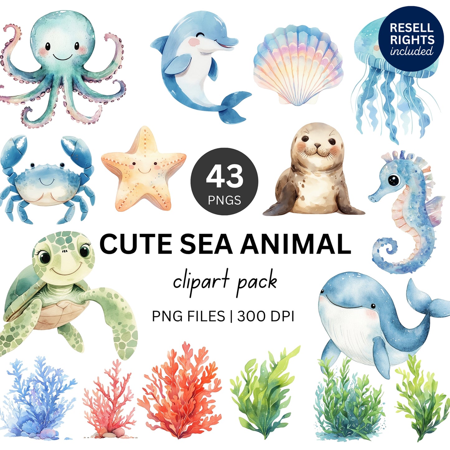 Cute Sea Animals Clipart Pack | Resell Rights Included