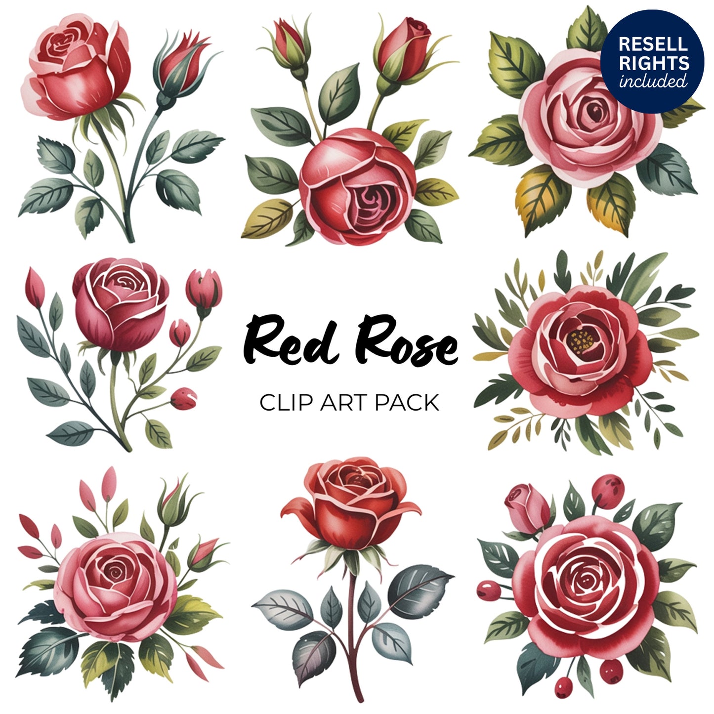 Red Rose Clipart Pack | Resell Rights Included