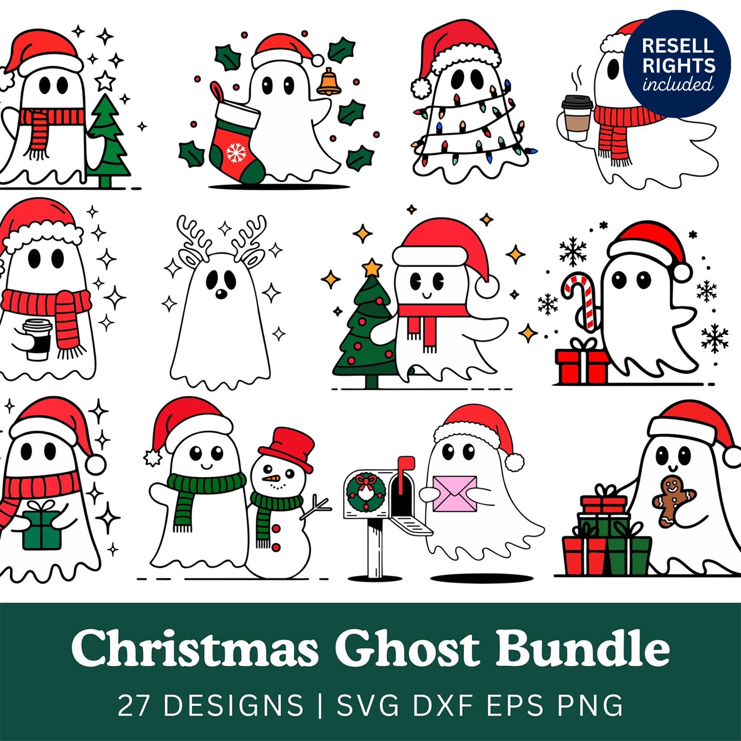 Cute Christmas Ghost SVG Bundle with Resell Rights