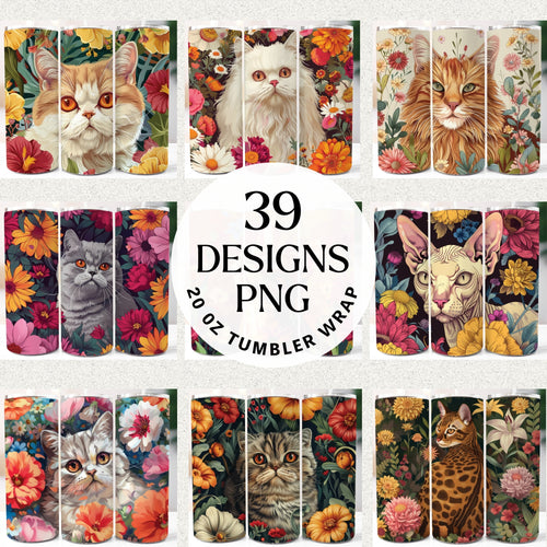 Floral Cat Illustration 20 oz Tumbler Bundle