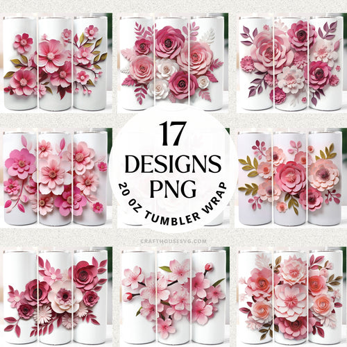 Pink and White Flowers Tumbler Wrap Sublimation Bundle