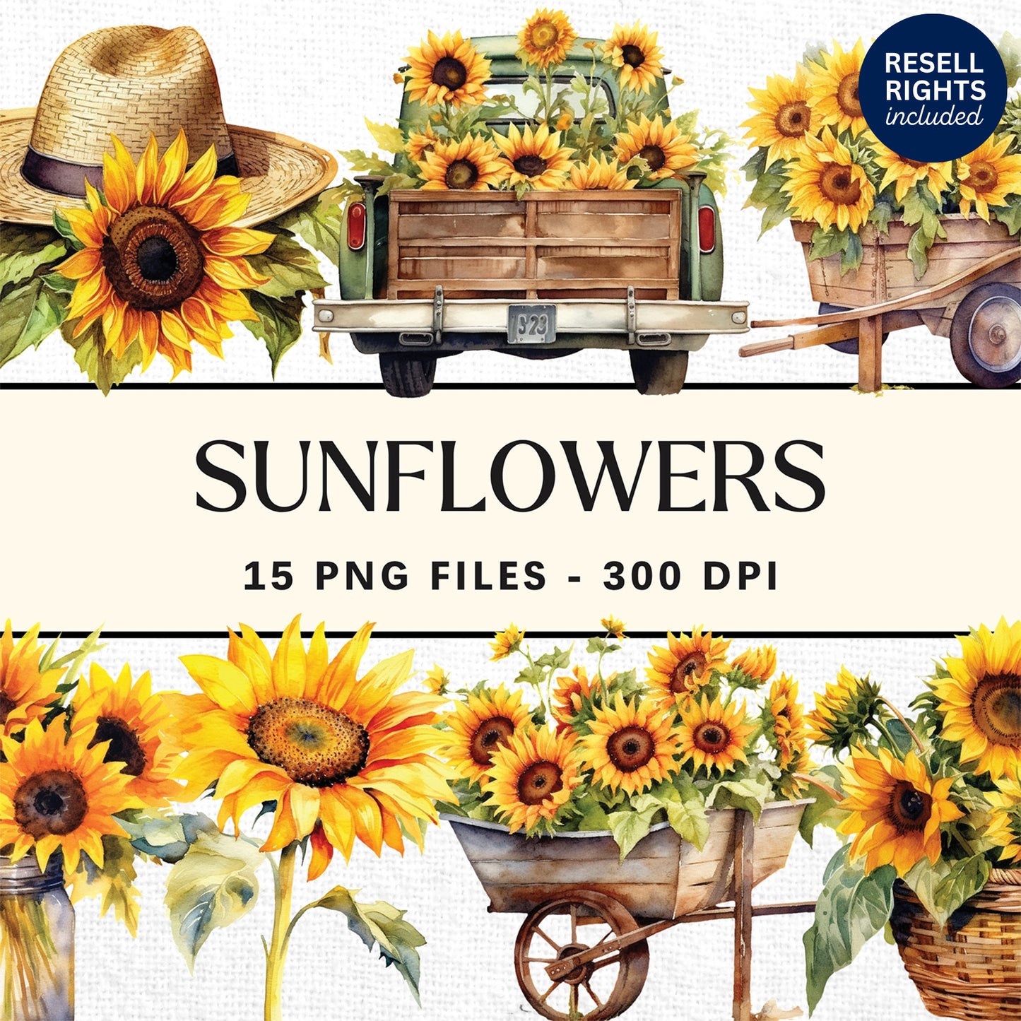 Sunflower Watercolor Clipart Pack | Resell Rights Included
