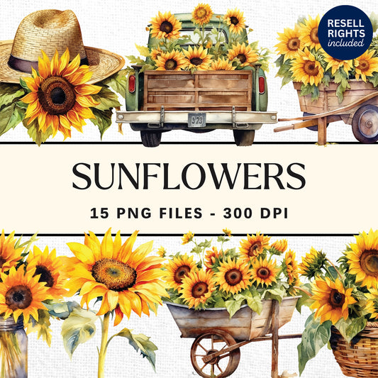 Sunflower Watercolor Clipart Pack | Resell Rights Included