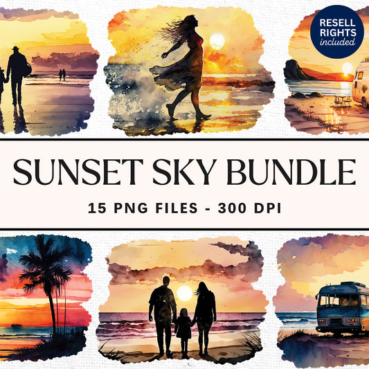 Sunset Sky Watercolor Clipart Pack | Resell Rights Included