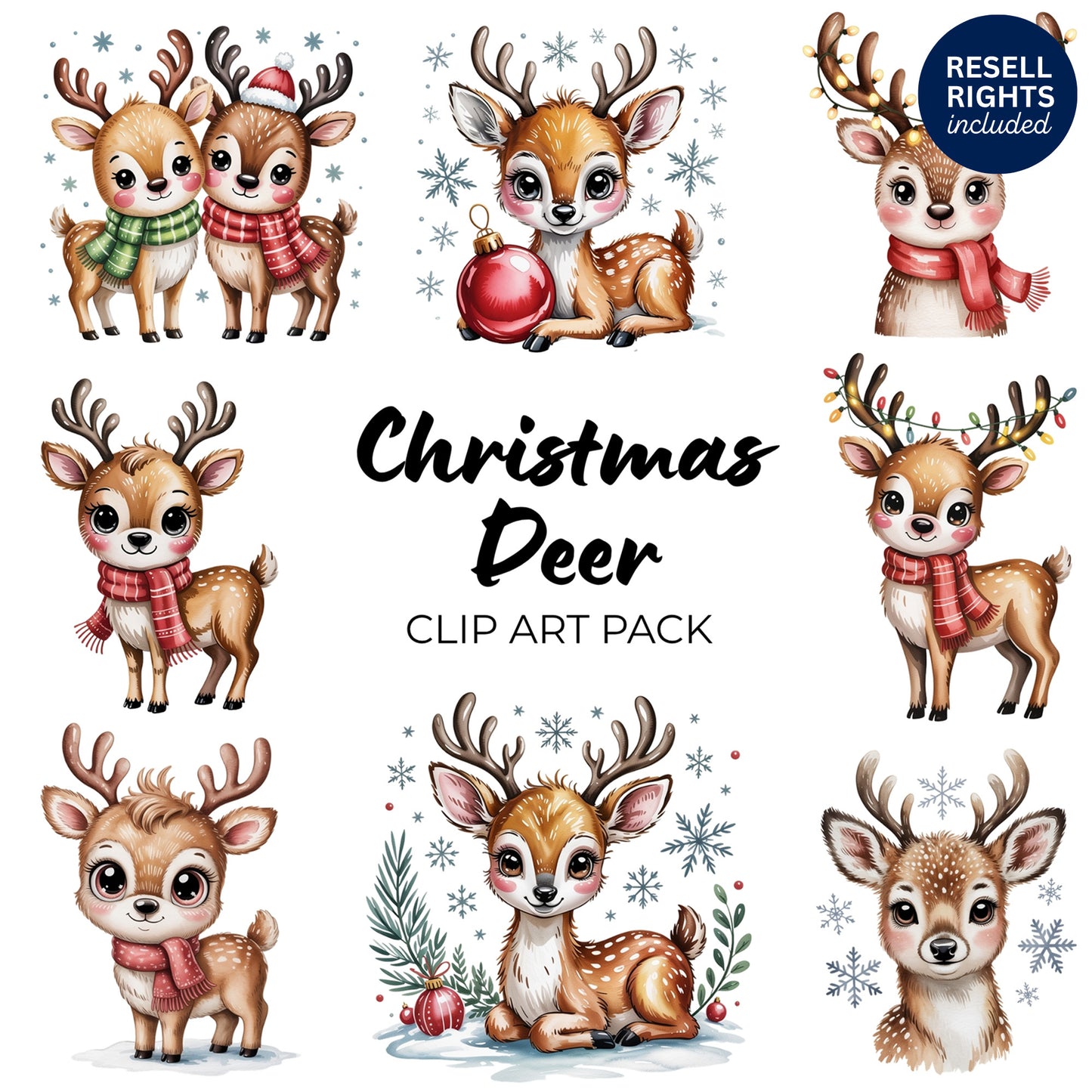 Christmas Deer Clipart Pack | Resell Rights Included