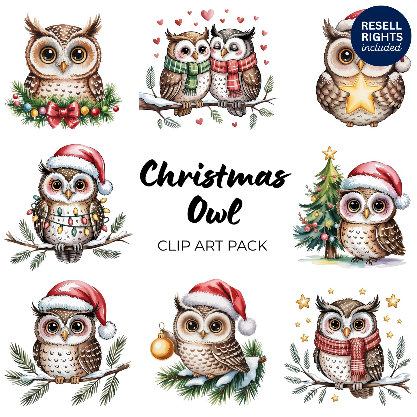Christmas Owl Clipart Pack | Resell Rights Included