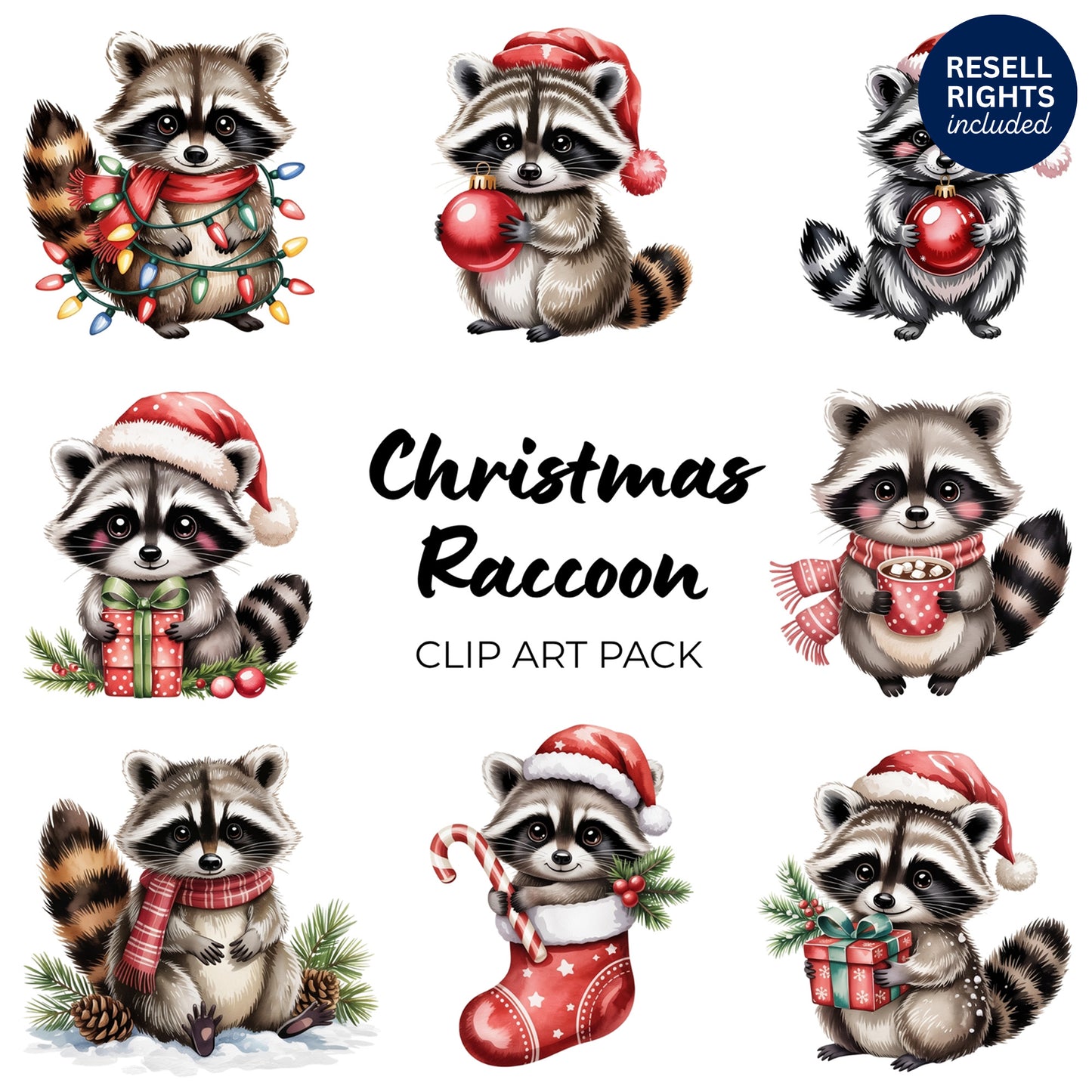 Christmas Raccoon Clipart Pack | Resell Rights Included