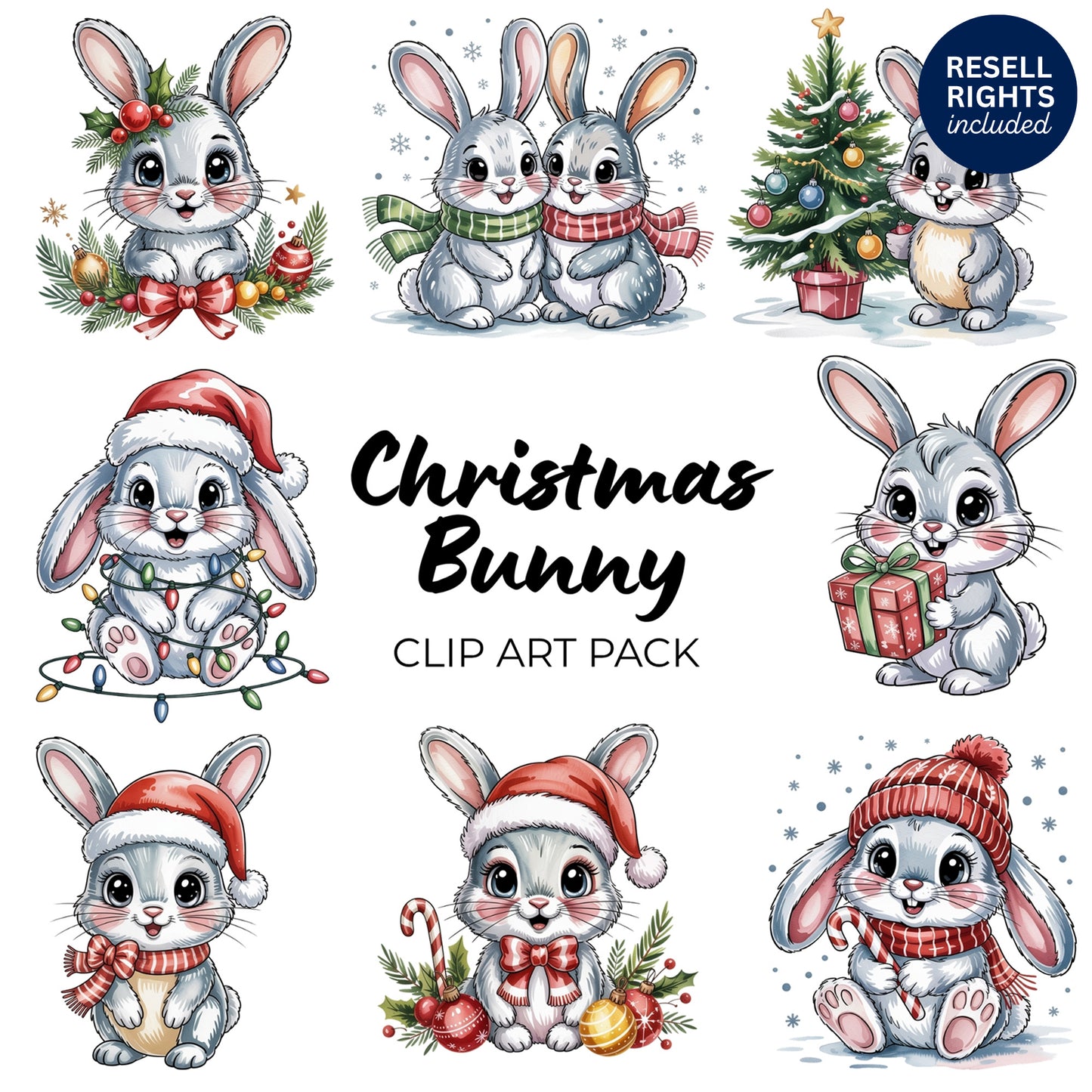Christmas Bunny Clipart Pack | Resell Rights Included