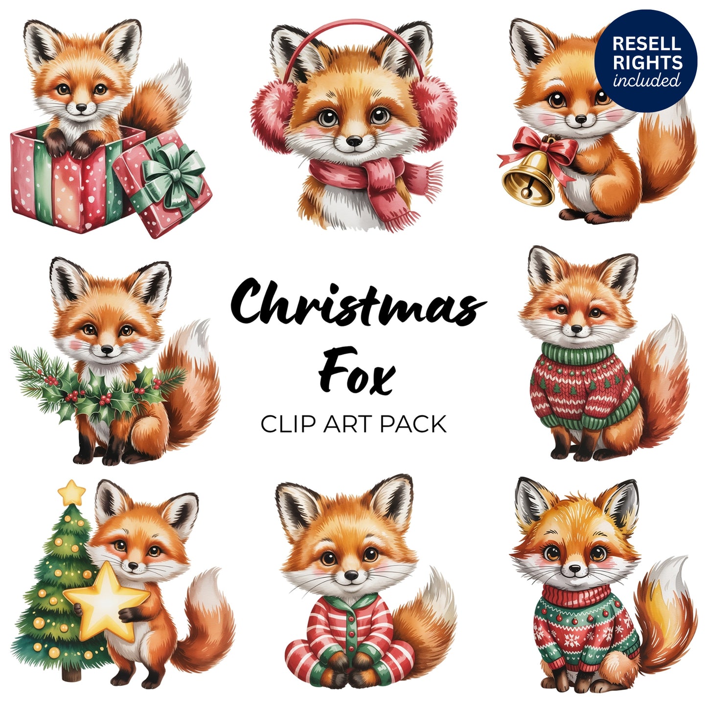 Christmas Fox Clipart Pack | Resell Rights Included
